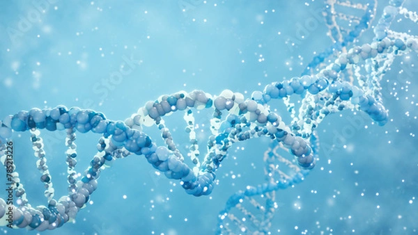 Obraz 3D render of DNA double helix with glowing particles. Biotechnology and scientific concept for genetic research and molecular science
