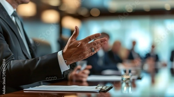 Fototapeta Charismatic speaker at the head of the boardroom table, using hand gestures to emphasize key points. The blurred background of attentive board members creates a sense of motion and engagement.