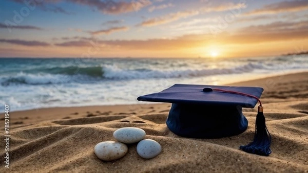 Fototapeta Secluded Beach Graduation Cap Amidst Pebbles and Sunset Waves