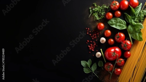 Fototapeta A black background with pasta, tomatoes and other ingredients with copy space. Pasta ingredients