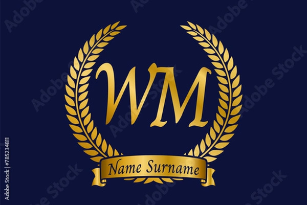 Fototapeta Initial letter W and M, WM monogram logo design with laurel wreath. Luxury golden calligraphy font.