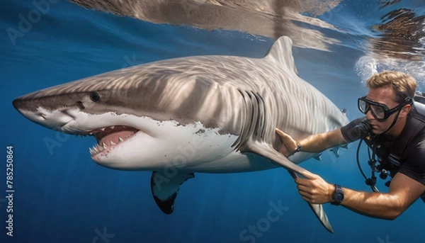 Obraz Marine Biologist Tagging Sharks for Conservation Research. in the open sea, tags sharks as part of a conservation research project. The biologist's careful approach to the majestic creatures