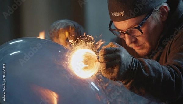 Obraz Glassblower Shaping Molten Glass with Intense Focus. close-up captures a glassblower's intense focus as they shape molten glass into a stunning piece of art. The flames from the furnace reflect