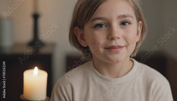Obraz Child's Joyful Expression Lighting the First Hanukkah Candle. expression of a child lighting the first candle of Hanukkah, eyes alight with wonder and excitement. The flickering candlelight