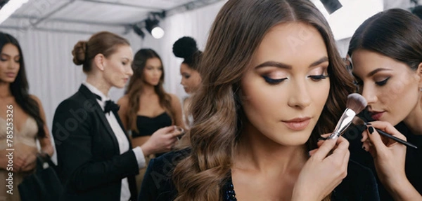Obraz A makeup artist, with an array of brushes and palettes at hand, meticulously creates a stunning look for a model at a fashion show.