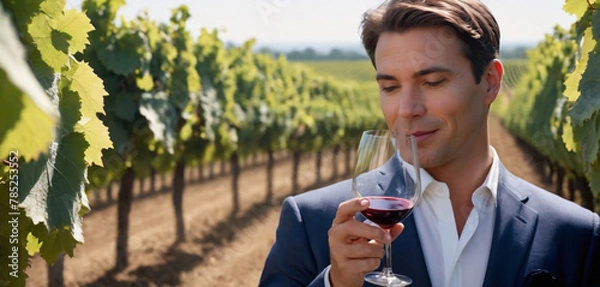 Obraz Sommelier Tasting Wine in a Vineyard. glass in hand, tastes wine amidst the rows of grapevines in a vineyard. The discerning expression and the palette's assessment reflect a deep knowledge of wine. 