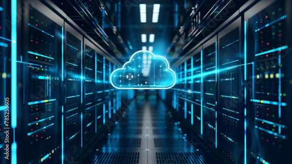 Fototapeta Innovative server room design with cloud on ceiling IT infrastructure