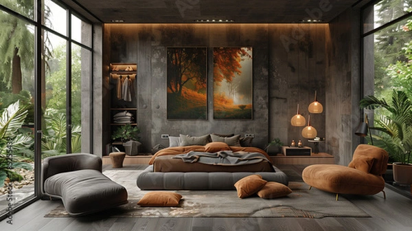 Fototapeta Textured Tranquility: A Modern Man's Nature-Inspired Bedroom Escape, generated by IA