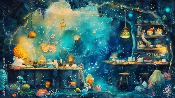 Fototapeta Capture a side view of a whimsical underwater kitchen scene in vibrant watercolors Illuminate the intricate details with innovative lighting effects to bring depth and mystery to the culinary world