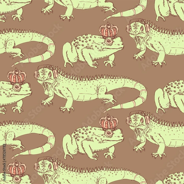 Fototapeta Sketch iguana and frog in vintage style