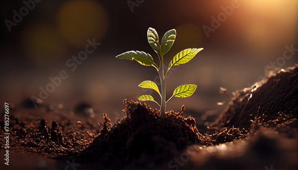 Fototapeta Young plant growing up from soil ground. Planting seed on the farm field. Spring morning sunlight. Generative AI