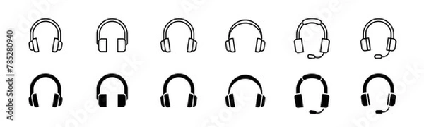 Fototapeta Headphone icon set. Line and glyph earphone set. Support headphone with mic