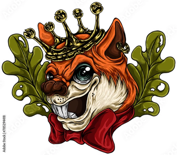 Fototapeta Colorful hand drawn illustrations Squirrel head and decorative leaves on a transparent background
