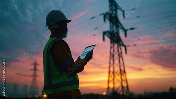 Fototapeta electrical engineer at pylon