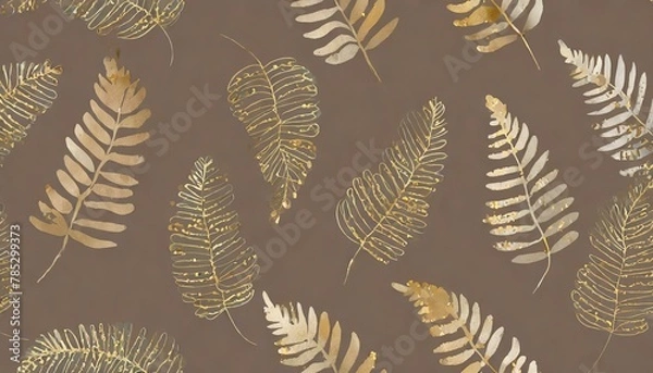 Fototapeta Background, wallpaper with golden fern leaves on a brown background. Graphics with a delicate plant motif