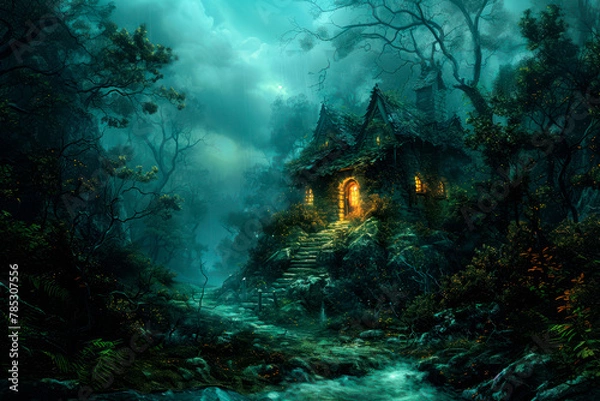 Fototapeta Witch house in mysterious dark forest, fantasy. AI generative