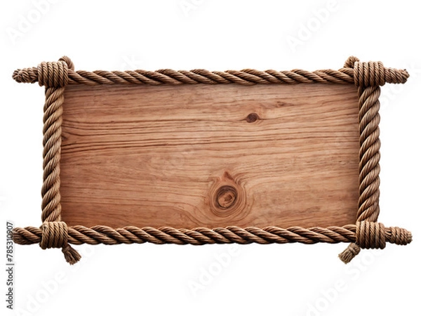 Fototapeta Blank wooden sign with a rope border on a transparent background. Rustic blank wooden sign background with copy space.