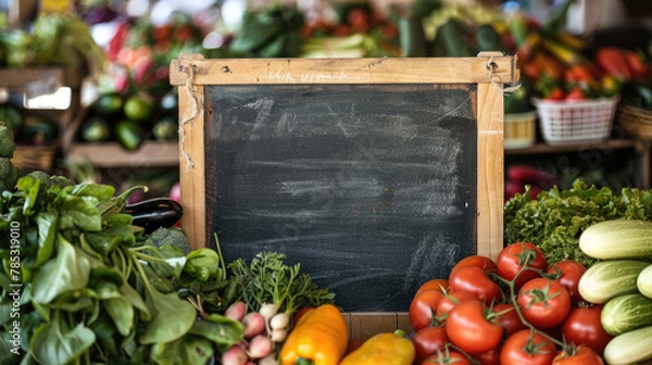 Fototapeta Empty chalkboard on table with fresh healthy vegetables in the background. Farmers market, regional bio organic shop, vegan food concept