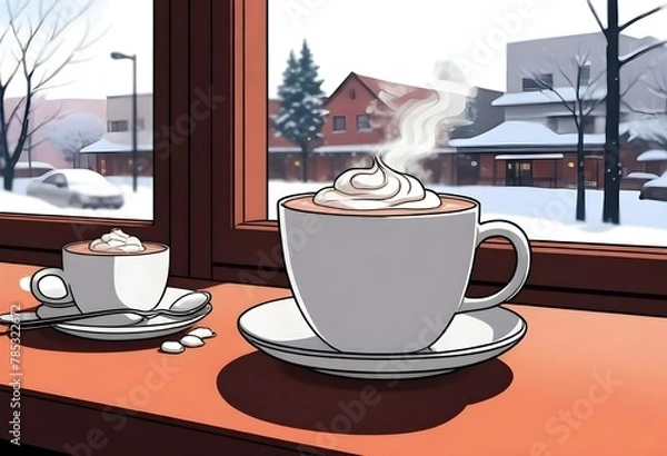 Obraz A Steaming Mug Of Hot Cocoa On A Cozy Cafe Table