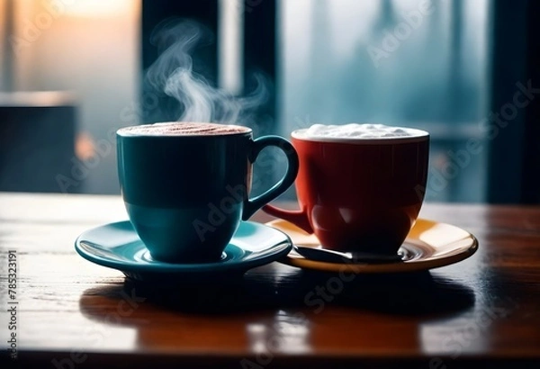 Obraz A Steaming Mug Of Hot Cocoa On A Cozy Cafe Table