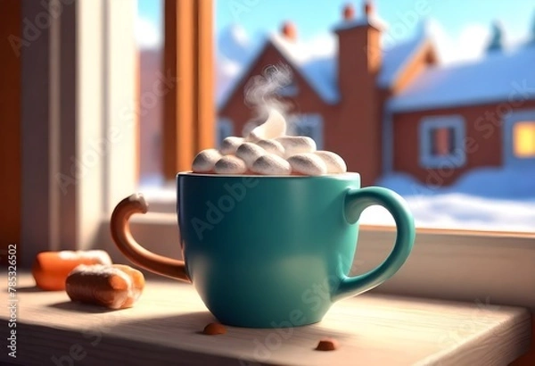 Obraz A Steaming Mug Of Hot Cocoa On A Cozy Cafe Table