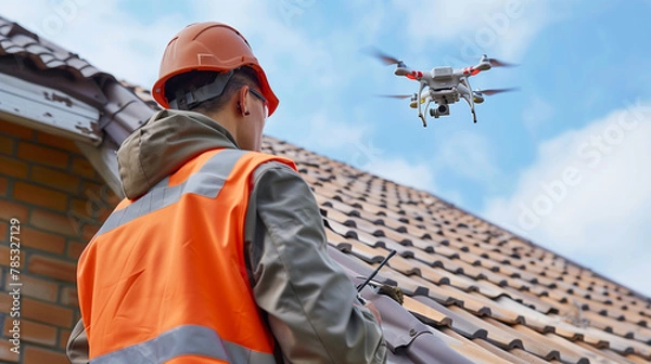 Obraz ドローンで屋根の調査をするオペレーター