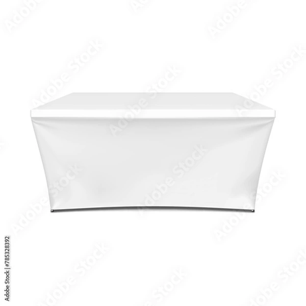 Fototapeta Tradeshow table with blank white stretch cover for brand design realistic vector mockup. Expo exhibition counter mock-up. Trade show pop desk display stand template