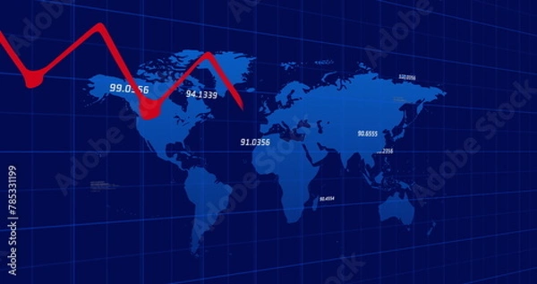 Obraz Image of financial data processing over world map on black background