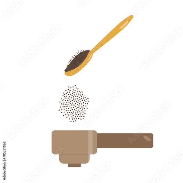 Fototapeta The process of preparing aromatic coffee in a coffee machine. Ground coffee is poured into the holder. Vector