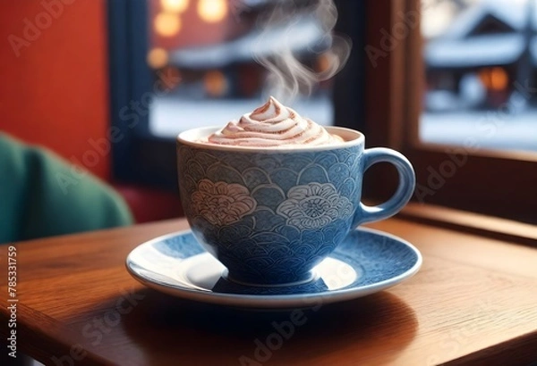 Obraz A Steaming Mug Of Hot Cocoa On A Cozy Cafe Table