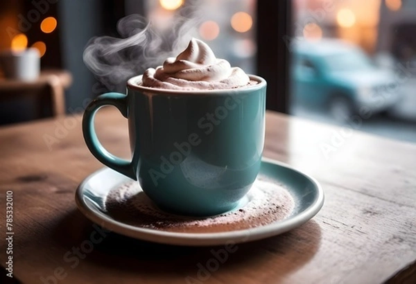 Obraz A Steaming Mug Of Hot Cocoa On A Cozy Cafe Table