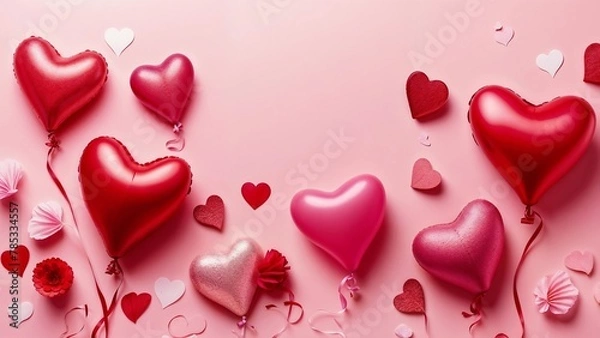 Fototapeta Red and Pink Heart Balloons on Pink Background