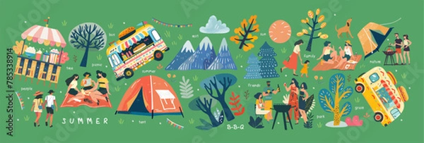 Obraz Summer festival, picnic and barbecue. Vector illustrations of park, nature, trees, resting walking people on weekends and holidays, family, camping tent, fair, bus stand selling burger and popcorn