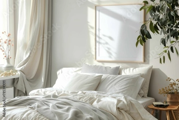 Fototapeta A light-colored guest room featuring a sofa, two armchairs, and a mockup blank white poster. Beautiful simple AI generated image in 4K, unique.