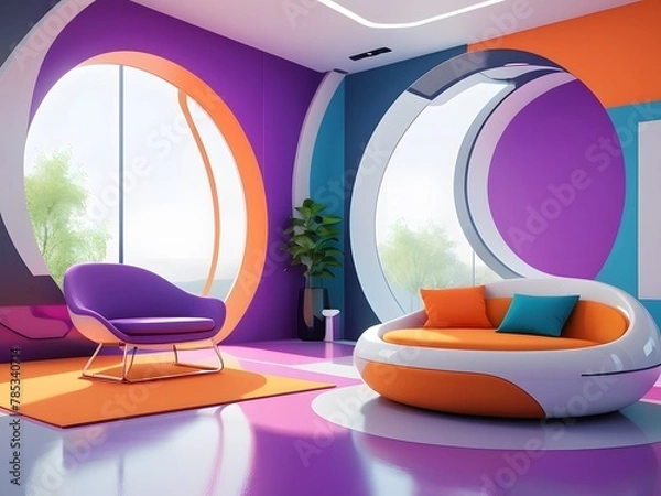 Obraz Futuristic Living Room with Vibrant Colors, Modern Furniture, and Innovative Design Elements.