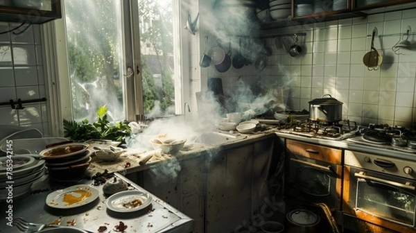 Obraz Smoke on stove after burning food in pot. Burning on kitchen in daylight. Induction stove with gas dangerous. Kitchen is on dirt and burnt parts
