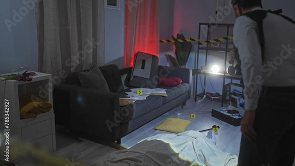 Fototapeta A man investigates a simulated indoor crime scene in a dimly lit, domestic setting with evidence markers.