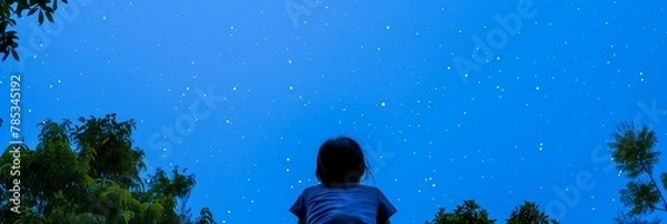 Obraz Child gazing up starry night sky wonder nature stars trees back view