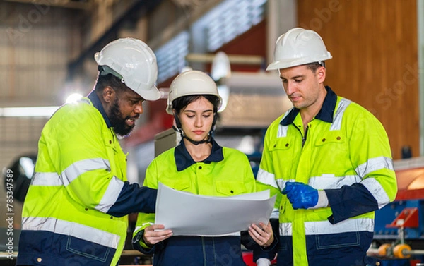 Fototapeta Professional team labor machanic engineer technician worker industrial work control with machine,  manufacturing,  factory, production line, Indusry 4.0, robot, industrial facility.business planning