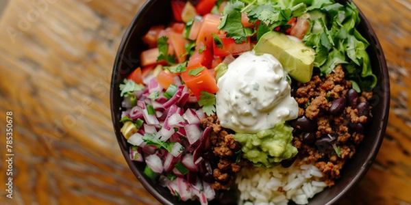 Obraz Mexican food concept. Juicy fresh burrito bowl served on wooden table in a cafe. Copy-space. Banner style. Flat lay view. Close up shot