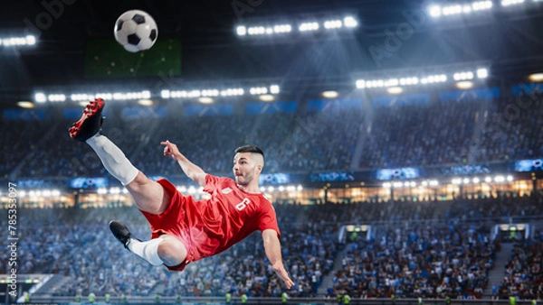 Fototapeta Aesthetic Shot Of Athletic Caucasian Soccer Football Player Doing Beautiful Overhead Kick On Stadium With Crowd Cheering. International Championship Final Match on Arena Full Of Excited Fans.