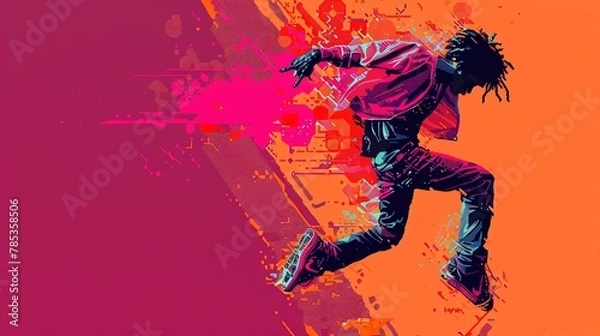 Fototapeta Illustrate a contemporary hip-hop dancer in profile, merging bold pixel art techniques with a glitchy effect for a dynamic and edgy visual representation