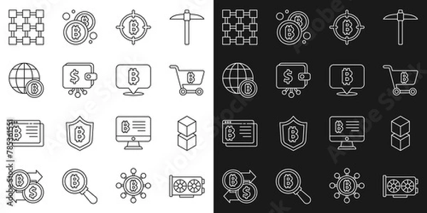Fototapeta Set line Video graphic card, Blockchain technology, Shopping cart with bitcoin, Bitcoin the target, Cryptocurrency wallet, Globe, and icon. Vector