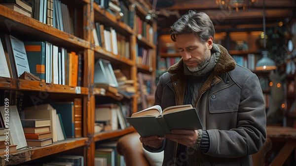 Fototapeta Young man choosing book on shelf in home library