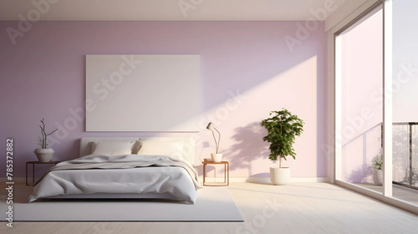 Fototapeta Minimalist and modern bedroom, purple wall with glass balcony window.