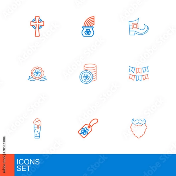 Fototapeta Set line Mustache and beard, Clover trefoil leaf with tag, Glass of beer, Carnival garland flags, Medal clover, Golden leprechaun coin, Leprechaun boot and Pot gold rainbow icon. Vector