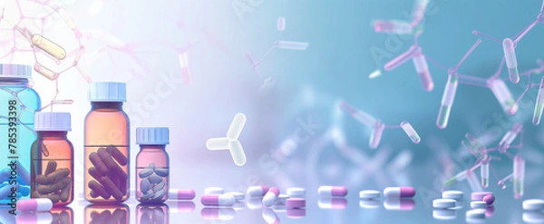 Obraz Different bills and bottles for pharmaceutical and healthcare medication and drug research labs concepts with copy space area concepts as wide banner with copysapce area banner digital concept