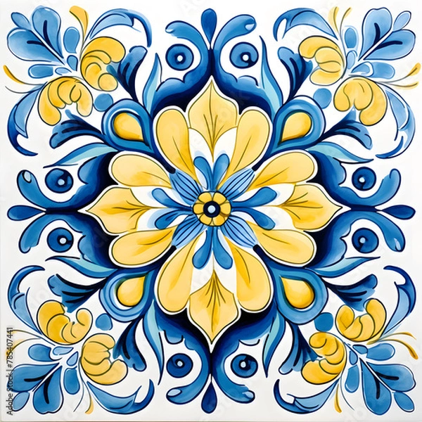 Fototapeta Pattern of azulejos tiles. Rustic blue and yellow tile watercolor seamless pattern.