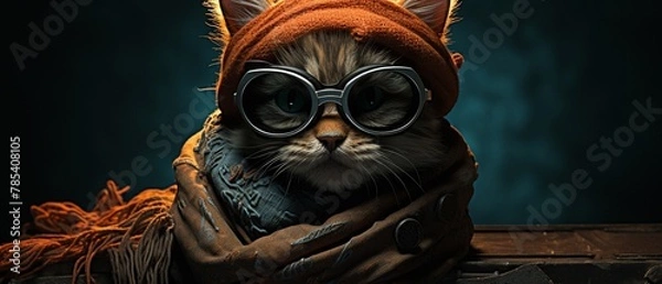 Fototapeta A steampunkinspired kitten wearing goggles and a rustic, gearembellished wool scarf  Color Grading Teal and Orange