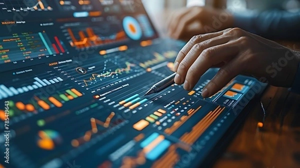 Obraz A high-tech financial office with closeup on hands using a futuristic pen to interact with an augmented reality display of market trends and forecasts.